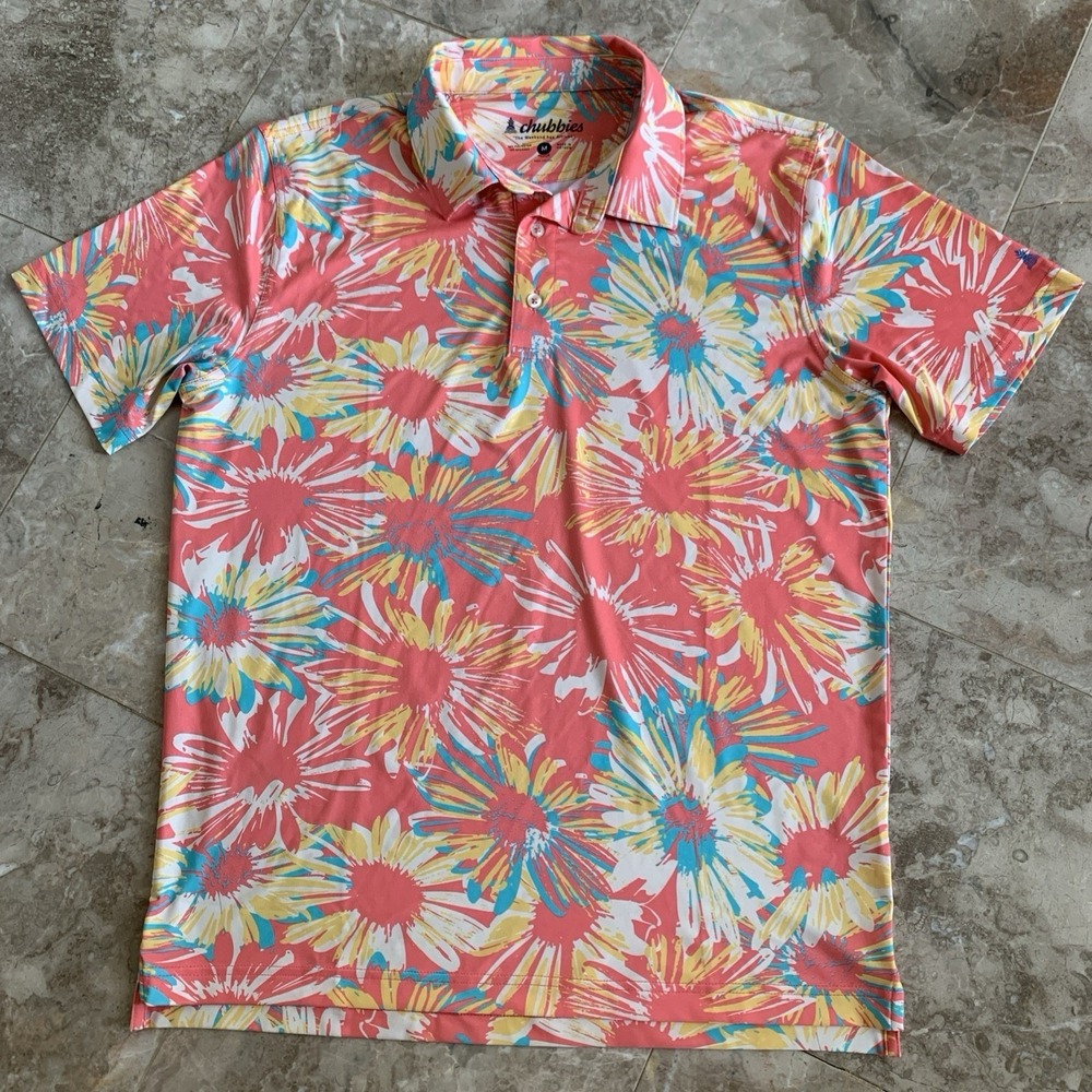 Chubbies The Performance Polo Shirt Mens Medium Pink Multi Floral Golf NWOT